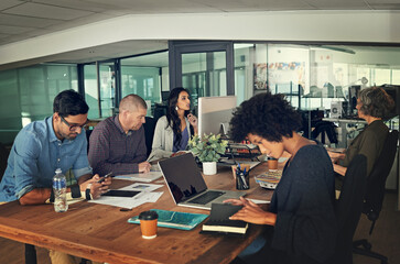 Coworking, teamwork and startup with business people in office for brainstorming, planning and film...