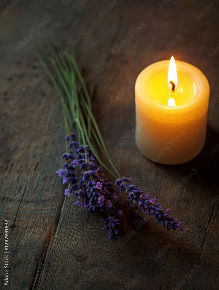 Poster lavender sprigs beside a glowing candle on rustic wooden surface, creating a calming atmosphere in s