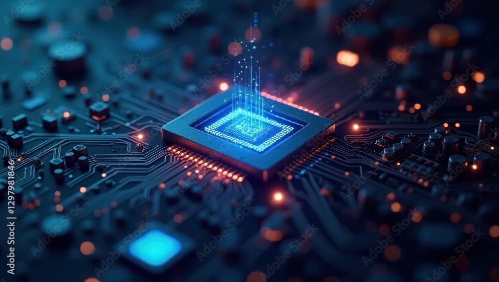 Aufkleber quant. electronic circuit board is covered in many small lights