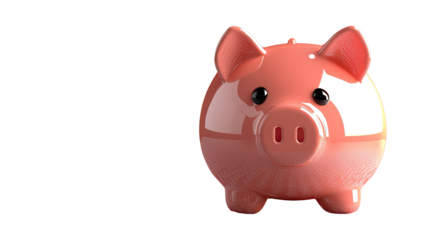 Piggy Bank: A charming pink piggy bank, the universal symbol of savings and financial security, sits poised against a clean background, its glossy surface reflecting the promise of future wealth.