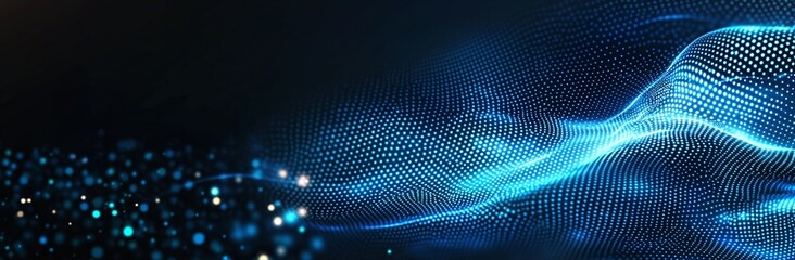 Obraz premium A captivating abstract digital background showcasing vibrant blue waves and glowing particles, perfect for illustrating innovation, technology, and modern design concepts.