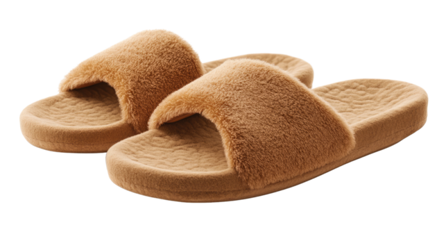 Cozy Comfort: A pair of fluffy, brown slippers inviting relaxation and warmth, perfect for a day of rest or a touch of homey luxury.
