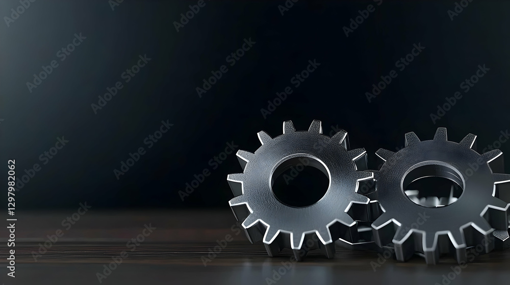 Poster two metallic gears on a dark surface with selective focus and blurred background