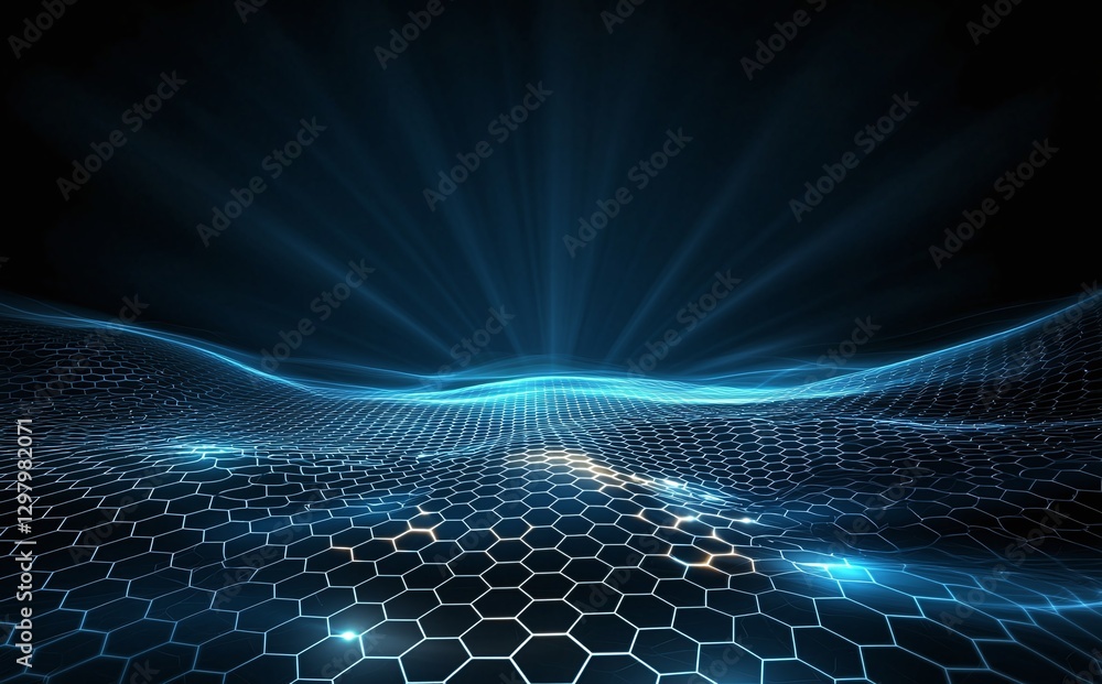 Poster a captivating abstract representation of a hexagonal pattern, illuminated by vibrant blue lights