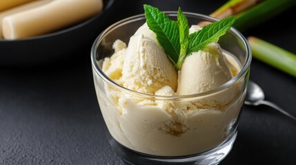 New Year: ice cream with sugar cane in a glass bowl. 
