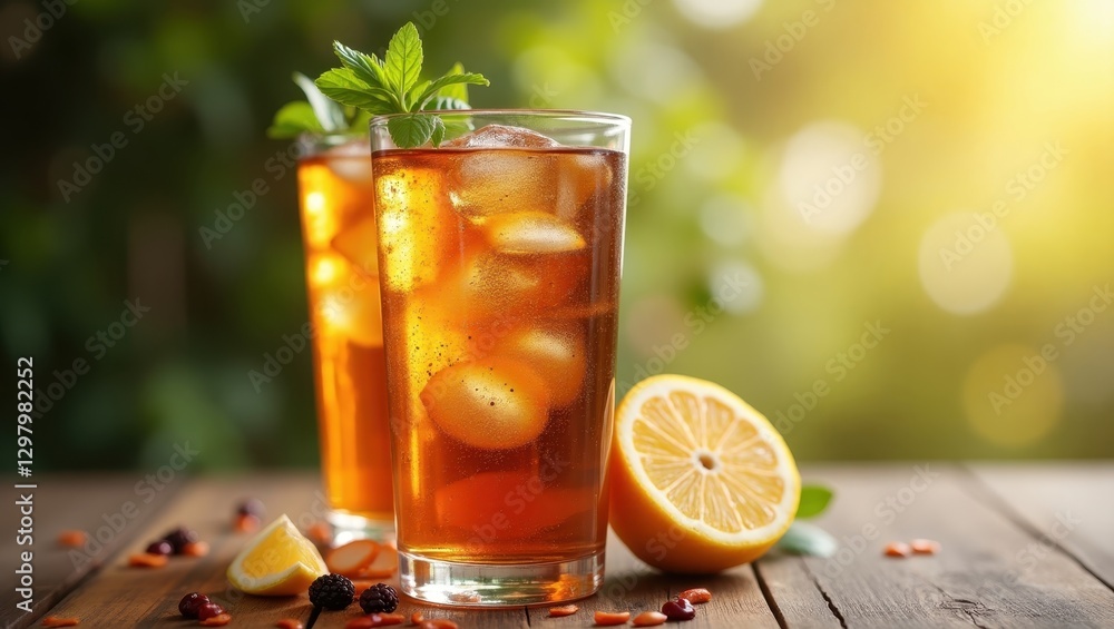 Poster sparkling tea. drink is on table with slice of lemon