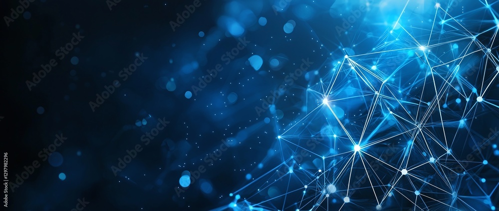 Poster a captivating digital abstract design featuring interconnected lines and glowing nodes against a dar