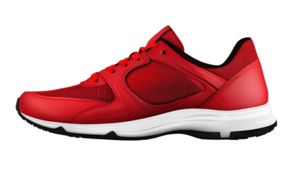 Red Running Shoe: A close-up shot of a vibrant red running shoe, showcasing its sleek design, modern features, and contrasting details, perfect for fitness, sport, and active lifestyle.