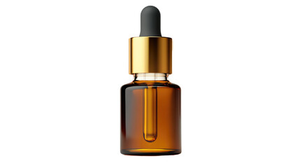 Aromatic Elixir: A single amber glass bottle with a golden cap and dropper, showcasing a transparent, golden liquid