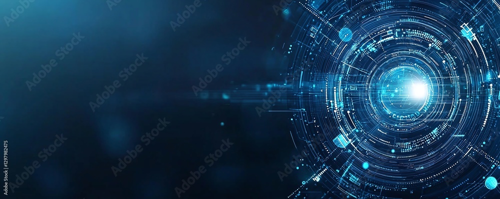 Poster a captivating digital design featuring glowing lines and abstract shapes, representing innovation an