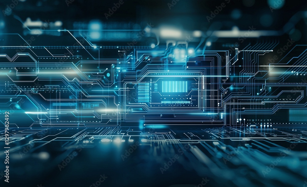 Poster a captivating digital circuit board design featuring intricate patterns and glowing elements
