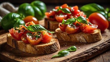 A close-up of freshly made Bruschetta al Pomodoro, crispy toasted bread topped with diced tomatoes, basil, garlic, and a drizzle of olive oil, served on a rustic wooden board.