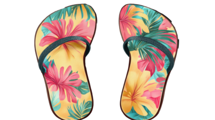 Tropical Flip-Flops: A vibrant pair of flip-flops, adorned with a colorful tropical floral design, invites thoughts of sun-kissed beaches, leisurely strolls.