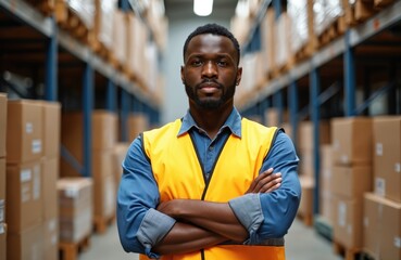Portrait of African warehouse worker in high visibility vest with confident look. Man stands with crossed arms, blurred shelves with stacks of boxes in background. Generative AI photo, industrial