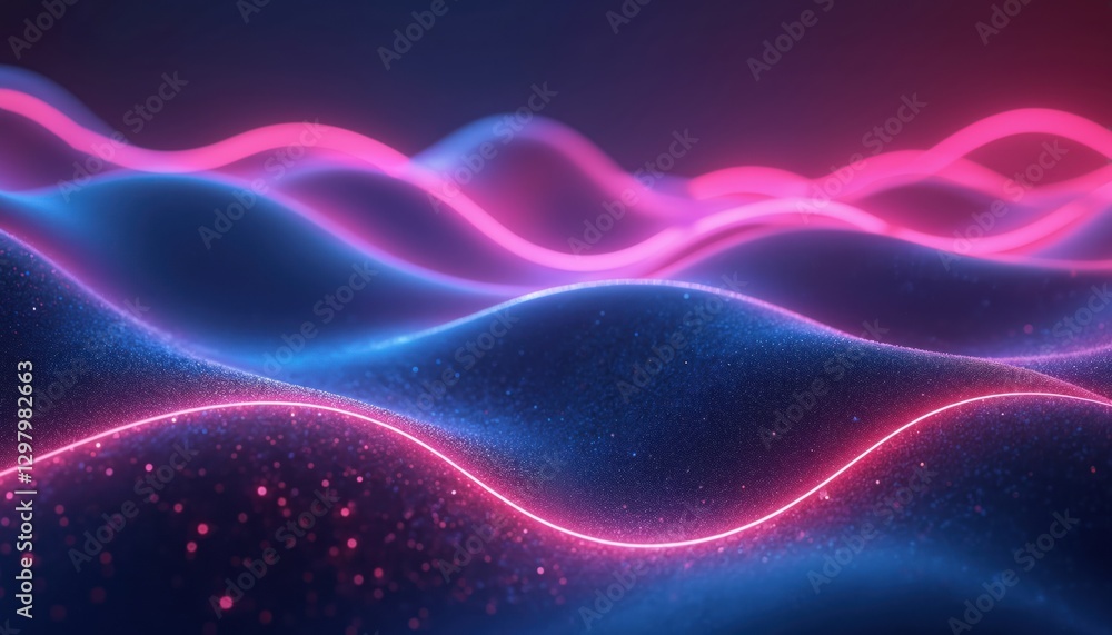 Poster abstract background with wavy lines and neon glowing elements in dark blue purple gradient. wavy sur