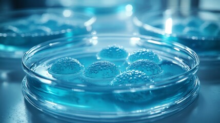 Close-Up of Multiple Fertilized Eggs in Petri Dish with Blue Solution in Laboratory Setting for IVF Research