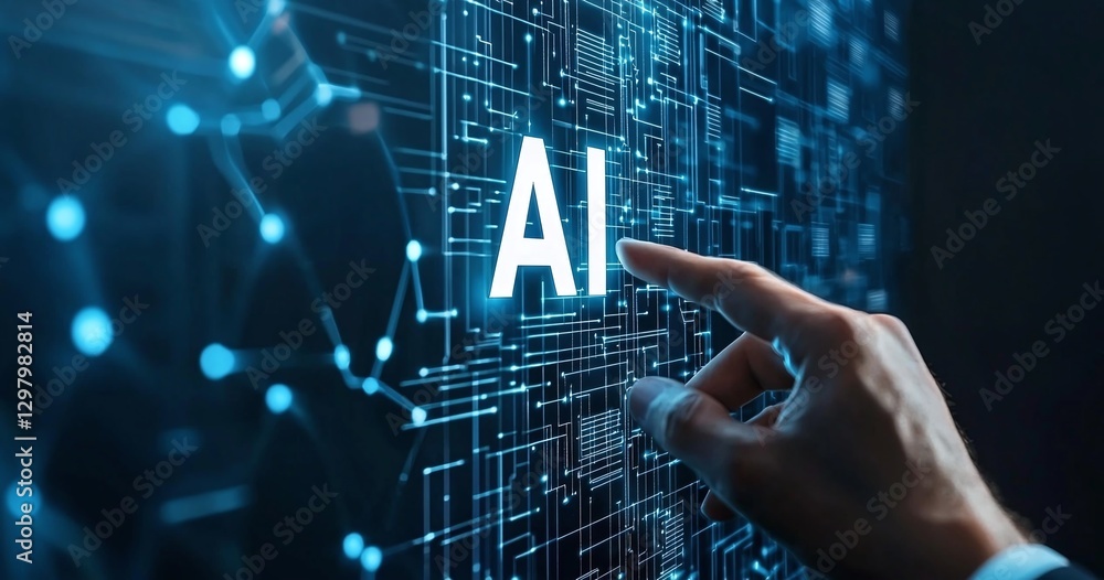 Poster a close-up image of a hand pointing towards the letters 'ai' on a futuristic digital interface