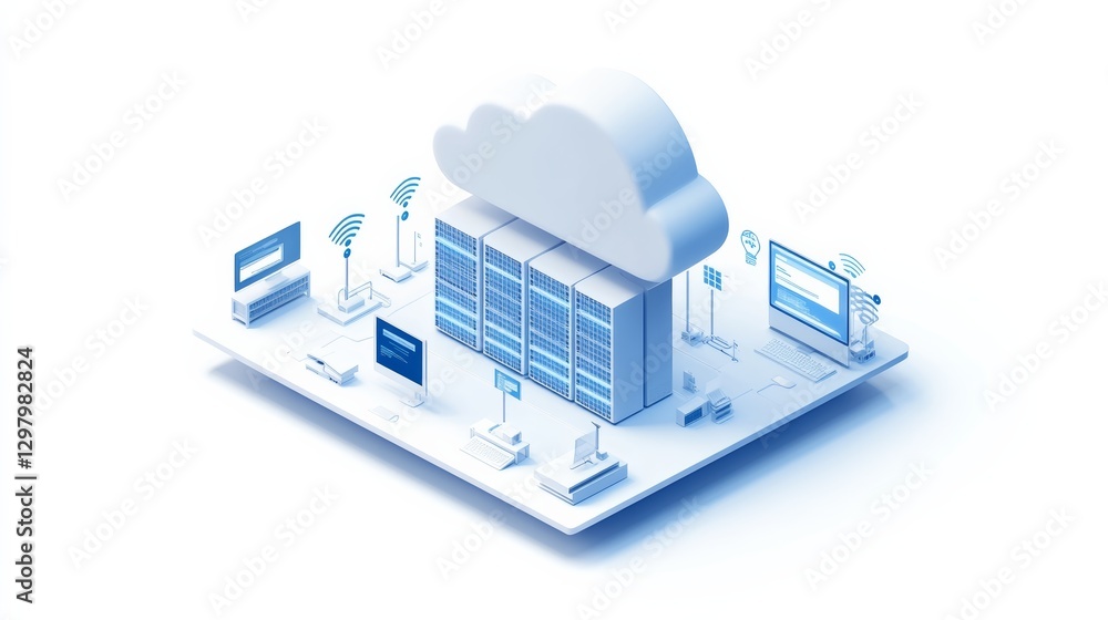 Poster a 3d illustration of a cloud computing concept, featuring a cloud above a data server, surrounded by