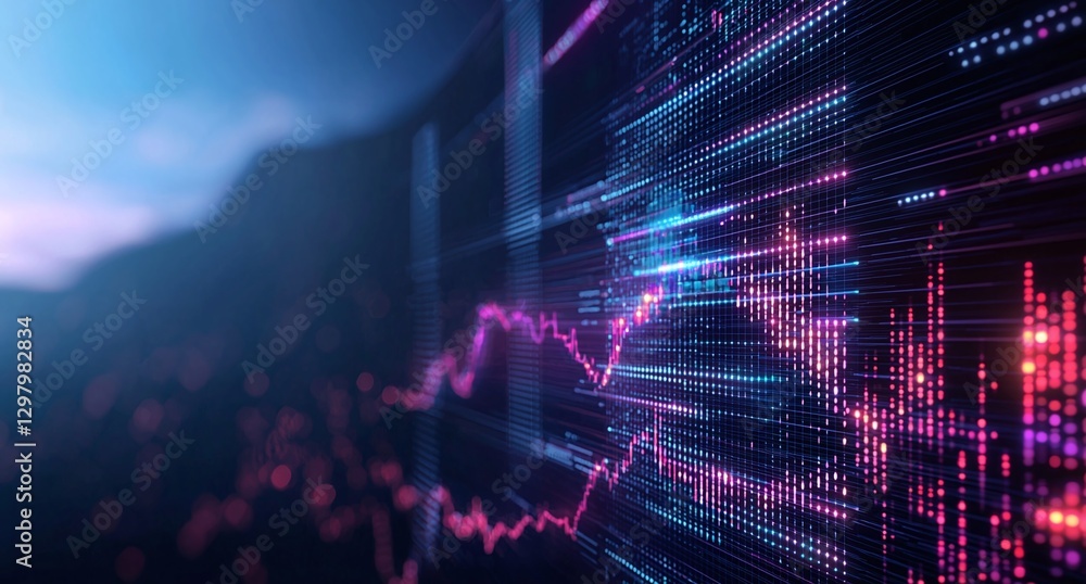 Poster a close-up of a futuristic digital graph displaying fluctuating data trends with vibrant pink and bl