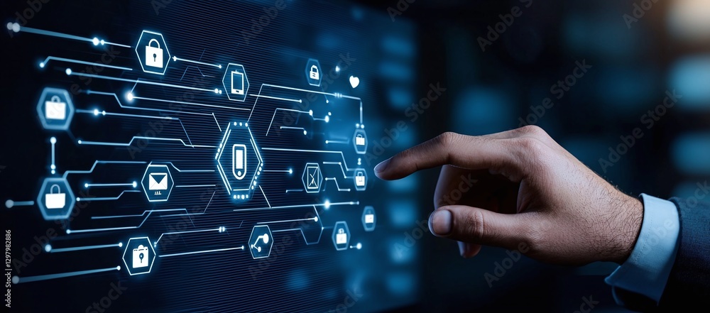 Poster a close-up of a hand interacting with a digital interface displaying interconnected icons representi