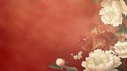 A background with a Chinese-inspired style, featuring red and gold colors, white peonies, and clouds on the right side of the screen.