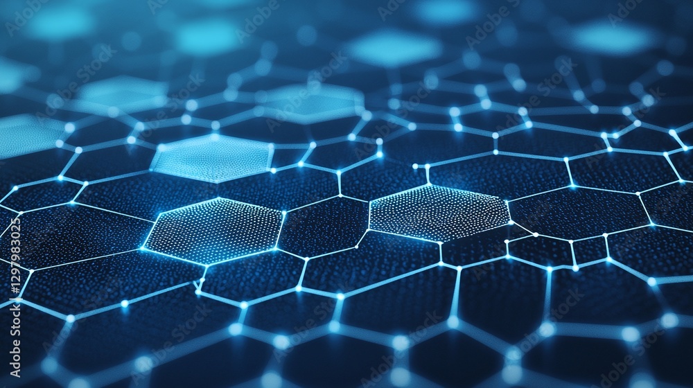 Poster a close-up view of a digital hexagonal grid structure illuminated by blue light, showcasing intercon