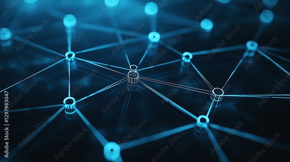 Poster a close-up view of a digital network, showcasing blue nodes interconnected with lines, representing 