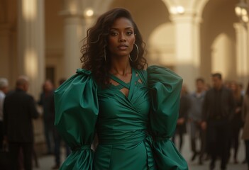 Obraz premium Woman in a vibrant green dress with large puffed sleeves and a wrapped waist detail