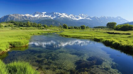 Fototapeta premium Green paradise in Pahalgam, Kashmir--a clear river winding through grassy meadows, majestic snow-capped Himalayas in the background.
