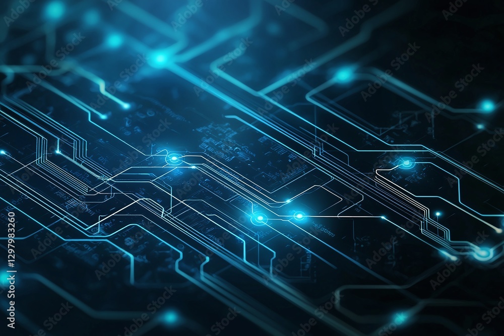 Poster a close-up view of a modern circuit board, featuring intricate patterns and glowing blue lights, rep