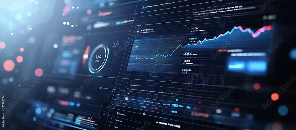Poster a close-up view of a modern digital dashboard showcasing financial data and analytics. bright graphs
