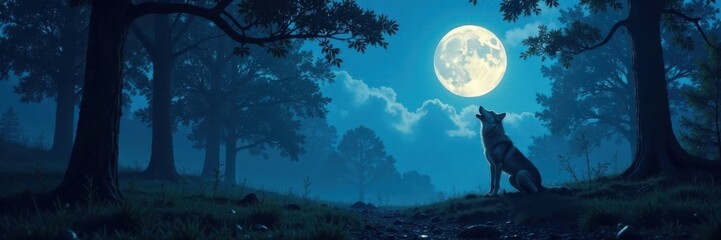 Obraz premium Moonlit forest clearing with a lone wolf standing upright on hind legs howling at the moon , animal posture, wolf, wilderness