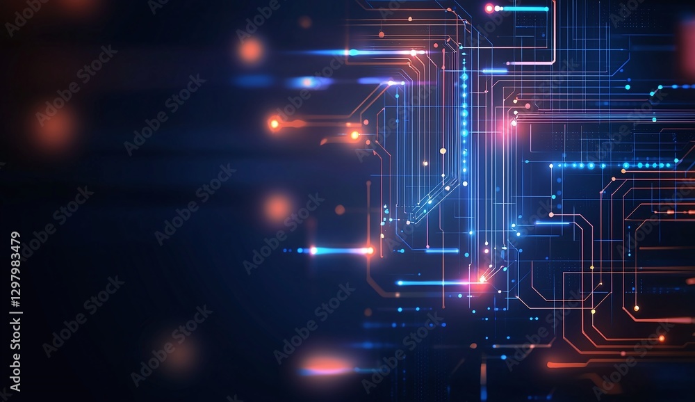 Poster a close-up view of abstract circuit board patterns illuminated by vibrant blue and orange lights, re