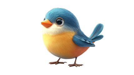 A sweet little bluebird, plump and fluffy, looks curiously off to the side, against a clean white background, showcasing its charming, cartoonish features.