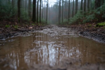 Fototapeta premium Muddy path surrounded by tall trees, reflecting misty forest atm