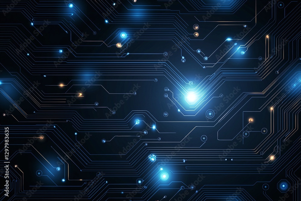 Poster a close-up view of intricate circuit board patterns featuring bright blue lights. this digital backg
