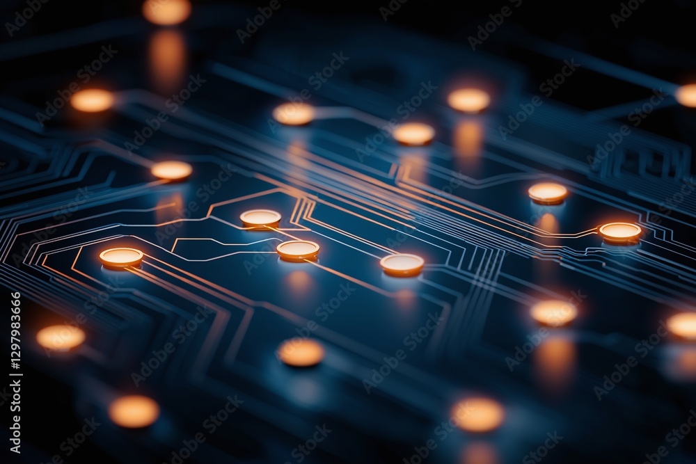 Poster a detailed close-up of a circuit board illuminated by glowing lights, showcasing intricate pathways 