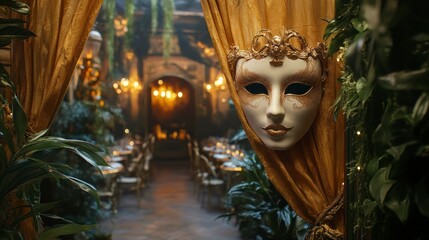 Elegant Masquerade Ball Venue Featuring Luxurious Decor and Mysterious Atmosphere with Draped Curtains and Soft Lighting