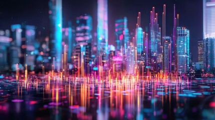 Economic Impact Payment  style. Futuristic cityscape with vibrant lights and reflections on water.