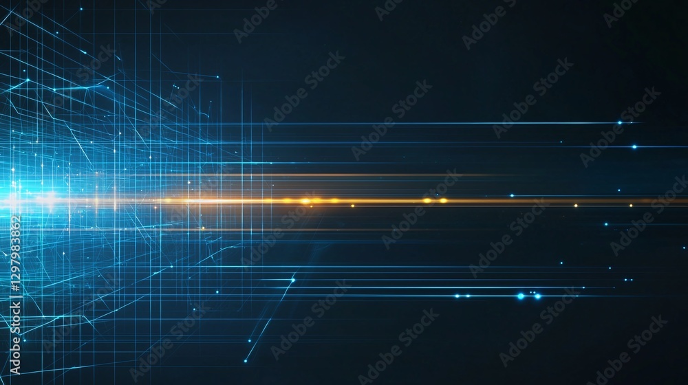 Poster a digital abstract background featuring dynamic blue and yellow light lines, symbolizing movement an