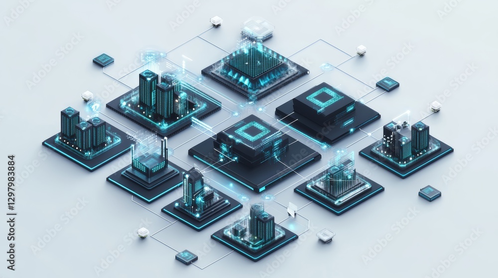 Poster a digital representation of smart city infrastructure connected to advanced technology, featuring da