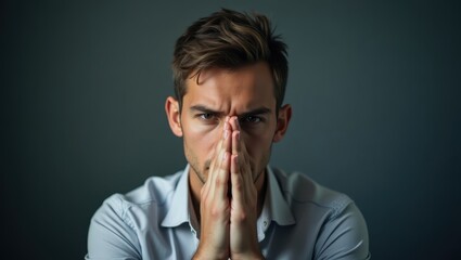 Victim Mentality. Young man blue shirt praying hopeful concentrated, d