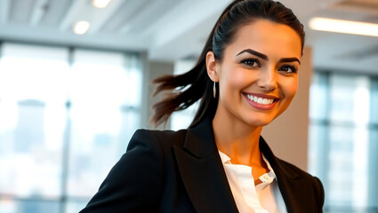 A professional businesswoman standing with her arms straight across, an outdoor area. feeling happy , financial background	