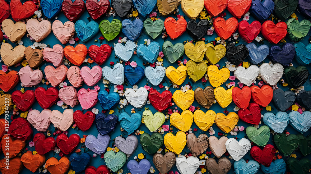 Poster colorful heart shapes arranged in rows on a blue surface with floral petals displaying artistic patt