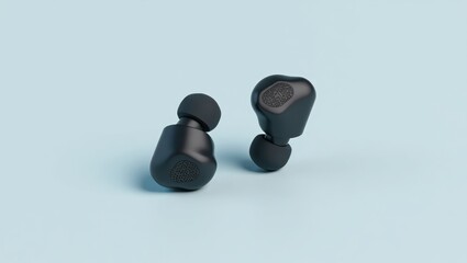 Waterproof Earbuds. Black wireless earbuds isolated on blue background