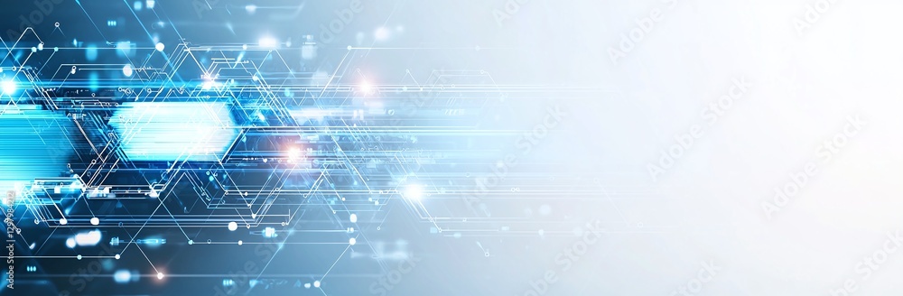 Poster a dynamic abstract background featuring blue lights and hexagonal patterns, symbolizing the fusion o