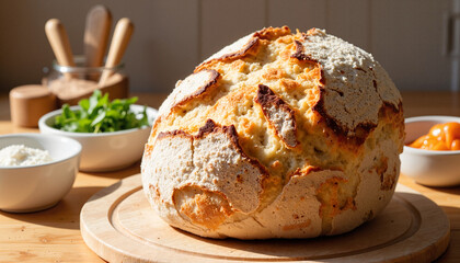 Loaf of freshly baked bread on wooden cutting board