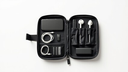 Tech Pouch. Black compact tech organizer case with white earphones, cables, and USB charger neatly stored, perfect for travel, business trips, and tech storage on clean white background
