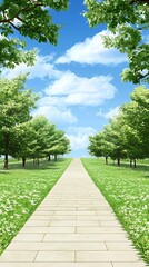 Pathway Through Lush Green Trees and Grass Towards a Sunny Sky