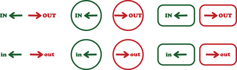 IN OUT arrow icons set. Simple arrow big vector collection isolated on transparent background. Red or green street sign with flat arrow pointing right and left signboard on road for pointing direction